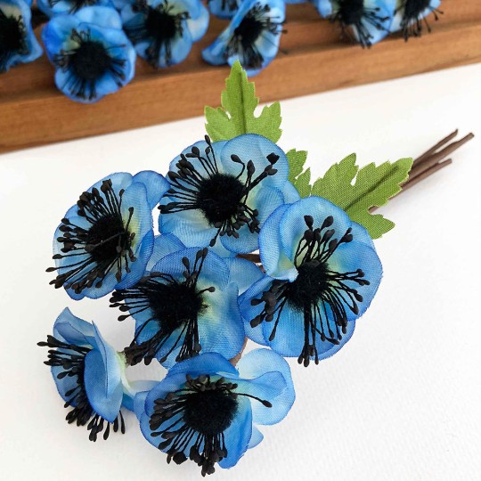 Blue Fabric Anemone Flowers with Fuzzy Centers ~ Bunch of 6 ~ Czech Republic