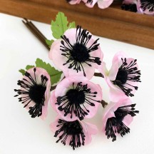 Light Pink Fabric Anemone Flowers with Fuzzy Centers ~ Bunch of 6 ~ Czech Republic