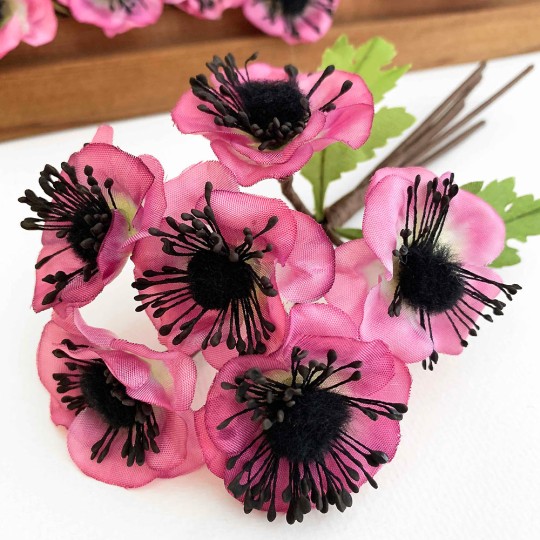 Mauve Pink Fabric Anemone Flowers with Fuzzy Centers ~ Bunch of 6 ~ Czech Republic