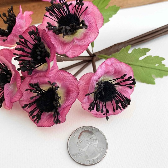 Mauve Pink Fabric Anemone Flowers with Fuzzy Centers ~ Bunch of 6 ~ Czech Republic