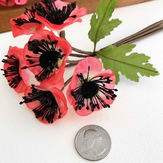 Soft Coral Red Fabric Anemone Flowers with Fuzzy Centers ~ Bunch of 6 ~ Czech Republic