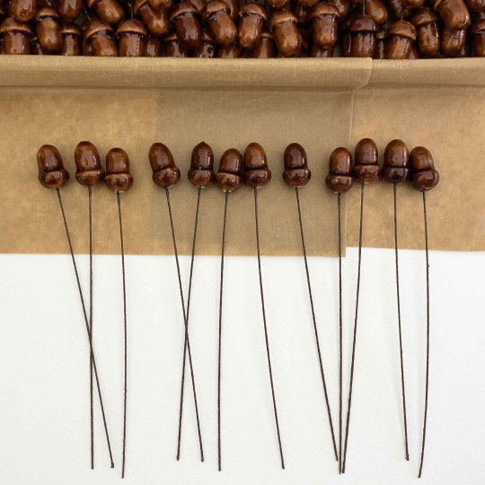 12 Lacquered Spun Cotton Acorn Craft Stems ~ BROWN