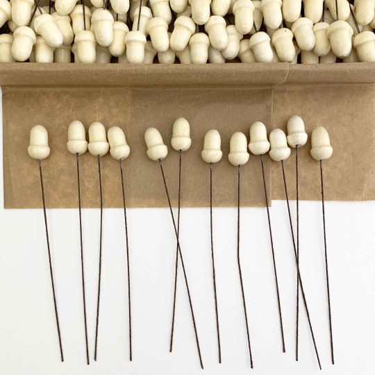 12 Lacquered Spun Cotton Acorn Craft Stems ~ CREAM