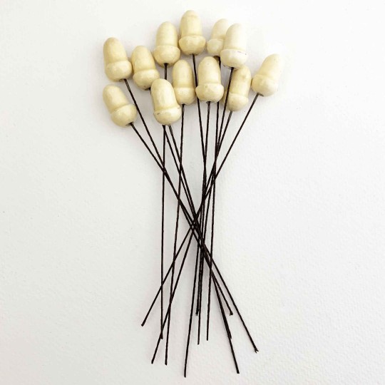 12 Lacquered Spun Cotton Acorn Craft Stems ~ CREAM