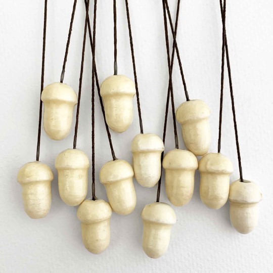 12 Lacquered Spun Cotton Acorn Craft Stems ~ CREAM