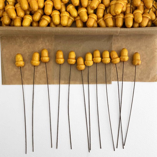 12 Lacquered Spun Cotton Acorn Craft Stems ~ GOLDEN YELLOW