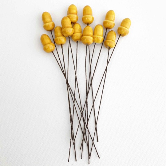 12 Lacquered Spun Cotton Acorn Craft Stems ~ GOLDEN YELLOW