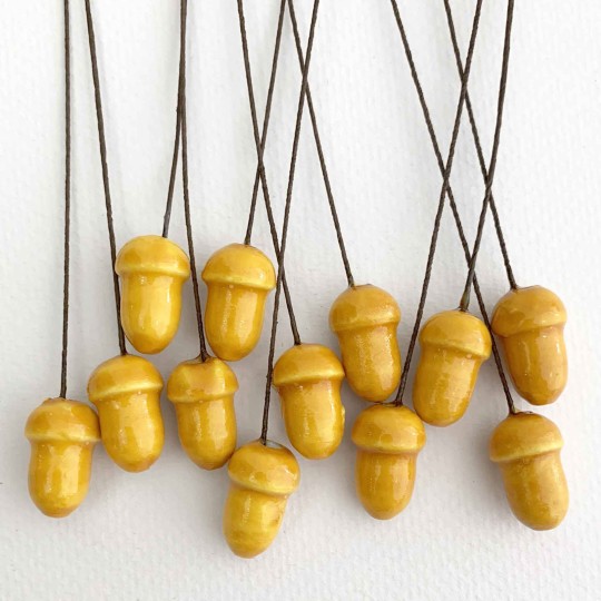 12 Lacquered Spun Cotton Acorn Craft Stems ~ GOLDEN YELLOW