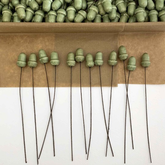 12 Lacquered Spun Cotton Acorn Craft Stems ~ GREEN