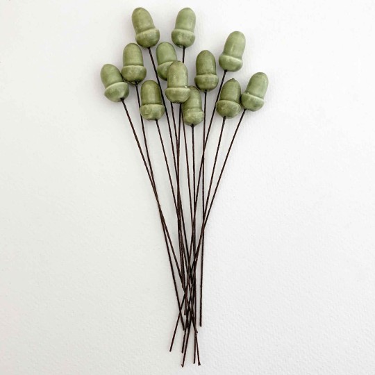 12 Lacquered Spun Cotton Acorn Craft Stems ~ GREEN