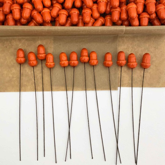 12 Lacquered Spun Cotton Acorn Craft Stems ~ ORANGE