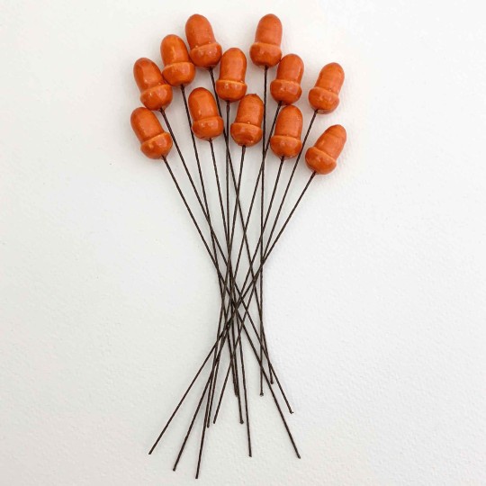 12 Lacquered Spun Cotton Acorn Craft Stems ~ ORANGE