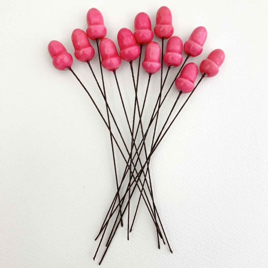 12 Lacquered Spun Cotton Acorn Craft Stems ~ PINK