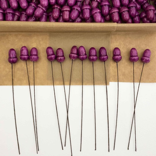 12 Lacquered Spun Cotton Acorn Craft Stems ~ PURPLE