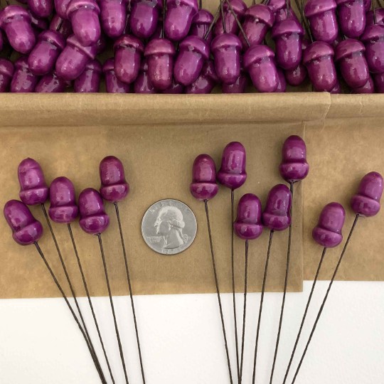 12 Lacquered Spun Cotton Acorn Craft Stems ~ PURPLE