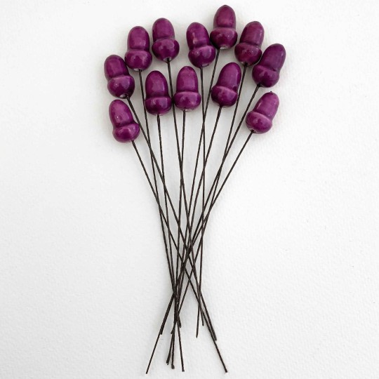 12 Lacquered Spun Cotton Acorn Craft Stems ~ PURPLE