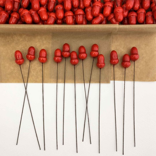 12 Lacquered Spun Cotton Acorn Craft Stems ~ RED