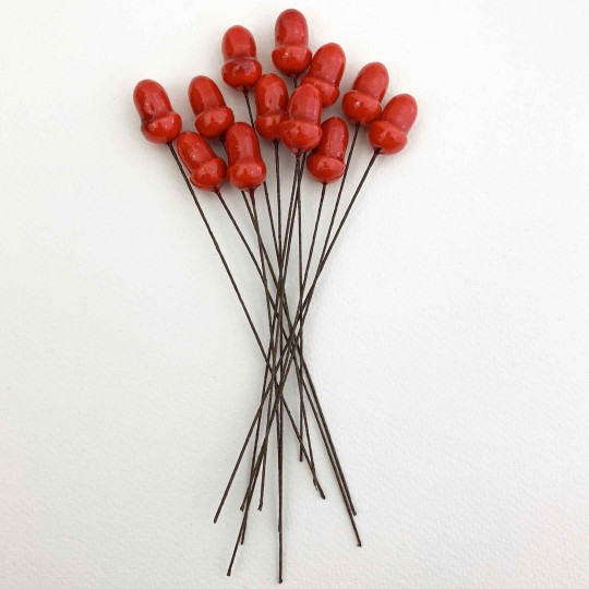 12 Lacquered Spun Cotton Acorn Craft Stems ~ RED