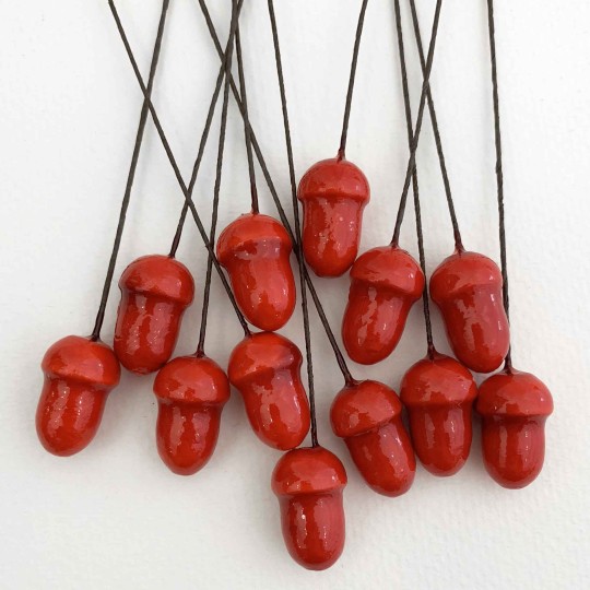 12 Lacquered Spun Cotton Acorn Craft Stems ~ RED