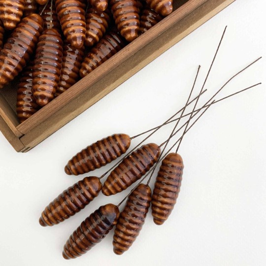 6 Large Brown Lacquered Spun Cotton Pine Cone Craft Stems