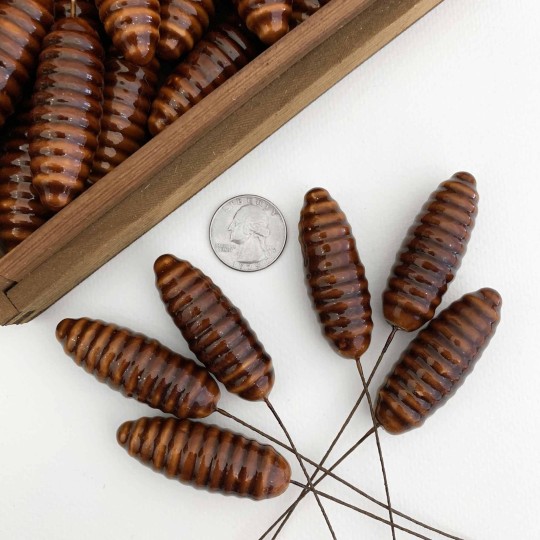 6 Large Brown Lacquered Spun Cotton Pine Cone Craft Stems