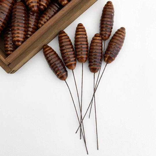 6 Large Brown Lacquered Spun Cotton Pine Cone Craft Stems