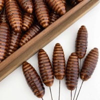 6 Large Brown Lacquered Spun Cotton Pine Cone Craft Stems