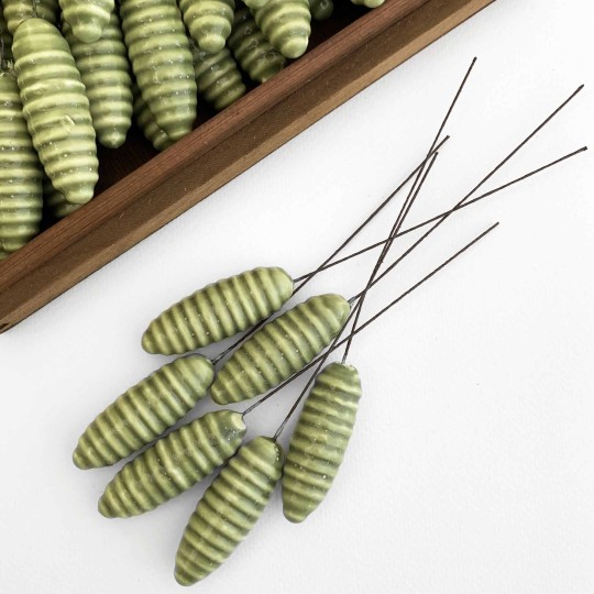 6 Large Green Lacquered Spun Cotton Pine Cone Craft Stems