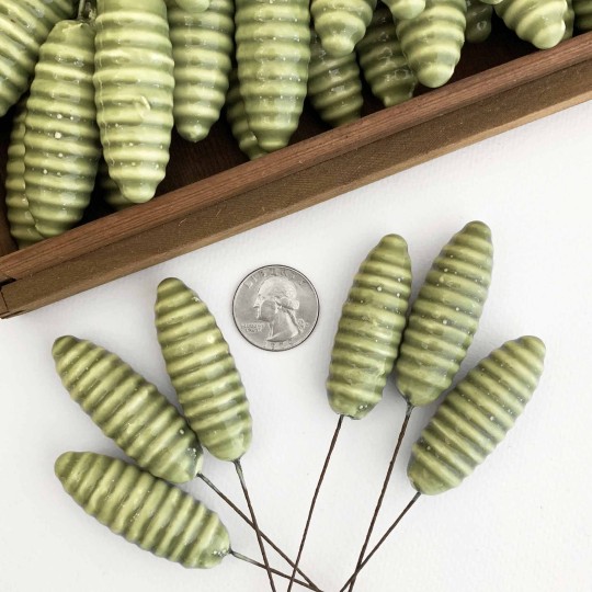 6 Large Green Lacquered Spun Cotton Pine Cone Craft Stems