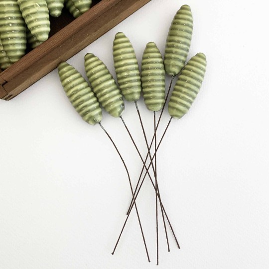 6 Large Green Lacquered Spun Cotton Pine Cone Craft Stems