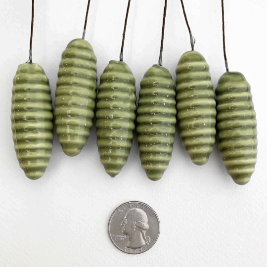 6 Large Green Lacquered Spun Cotton Pine Cone Craft Stems