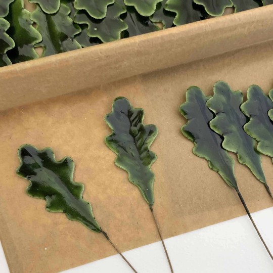 Green Lacquered Paper Oak Leaves ~ Bundle of 12 Old Fashioned Craft Leaves