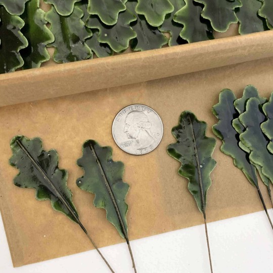 Green Lacquered Paper Oak Leaves ~ Bundle of 12 Old Fashioned Craft Leaves