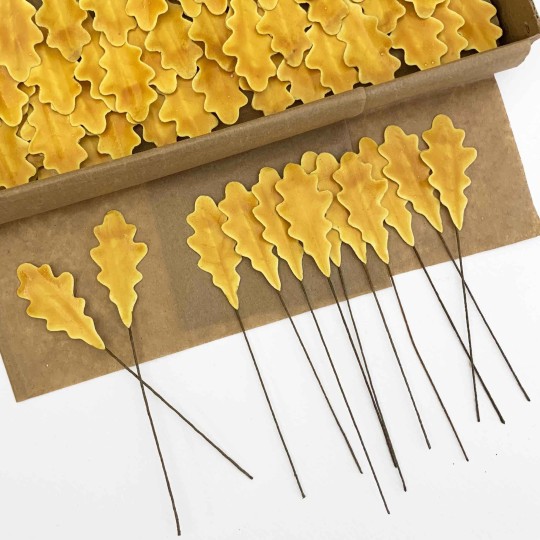 Golden Yellow Lacquered Paper Oak Leaves ~ Bundle of 12 Old Fashioned Craft Leaves