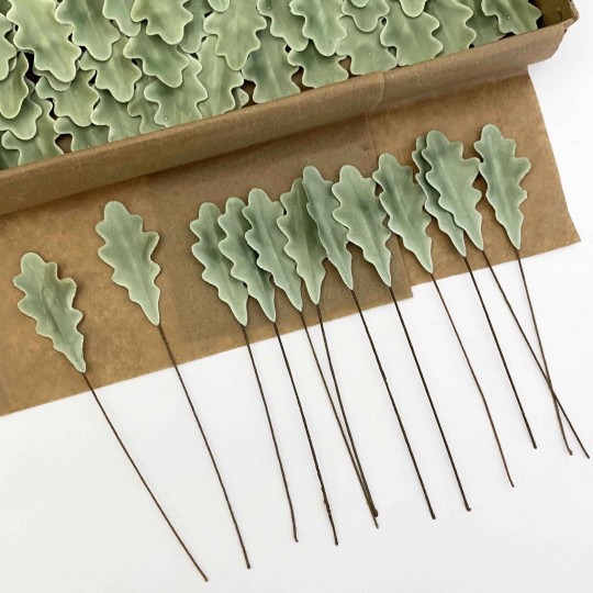 Sage Green Lacquered Paper Oak Leaves ~ Bundle of 12 Old Fashioned Craft Leaves