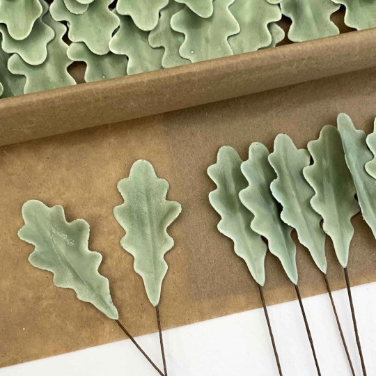 Sage Green Lacquered Paper Oak Leaves ~ Bundle of 12 Old Fashioned Craft Leaves