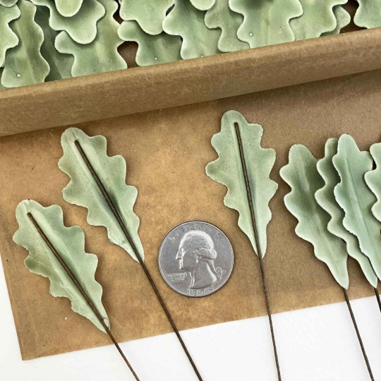 Sage Green Lacquered Paper Oak Leaves ~ Bundle of 12 Old Fashioned Craft Leaves