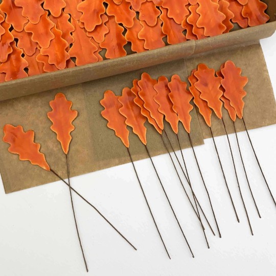 Orange Lacquered Paper Oak Leaves ~ Bundle of 12 Old Fashioned Craft Leaves