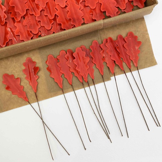 Red Lacquered Paper Oak Leaves ~ Bundle of 12 Old Fashioned Craft Leaves