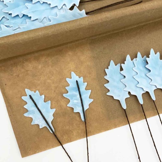 Light Blue Lacquered Petite Holly Leaves for Christmas Crafts ~ Bundle of 12 Old Fashioned Craft Leaves