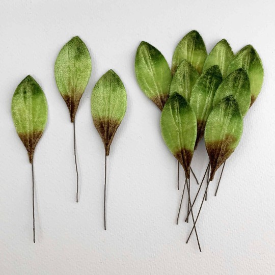 Set of 12 Small Velvet Pear Leaves ~ ARTIST GREEN OMBRE