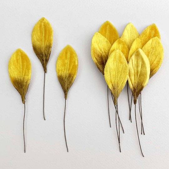 Set of 12 Small Velvet Pear Leaves ~ GOLDEN YELLOW OMBRE