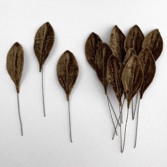 Set of 12 Small Velvet Pear Leaves ~ BROWN