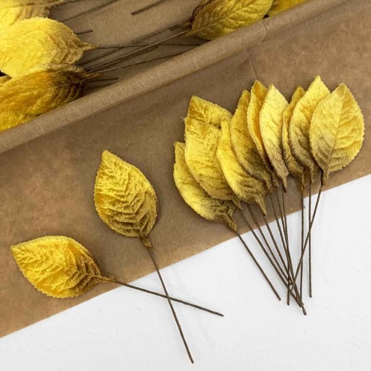 Set of 12 Velvet Rose Leaves ~ GOLDEN YELLOW OMBRE