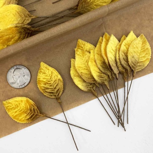 Set of 12 Velvet Rose Leaves ~ GOLDEN YELLOW OMBRE