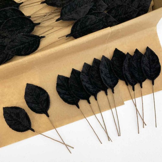 Set of 12 Velvet Rose Leaves ~ BLACK