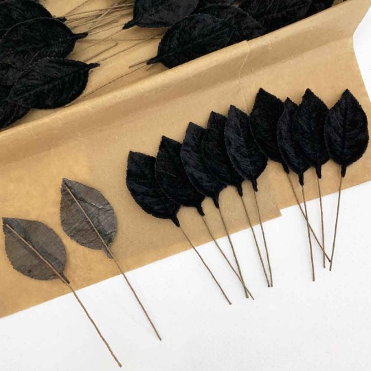 Set of 12 Velvet Rose Leaves ~ BLACK