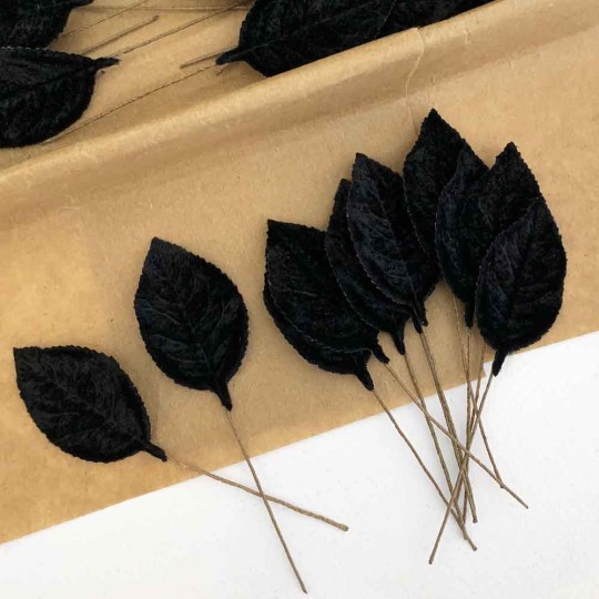 Set of 12 Velvet Rose Leaves ~ BLACK