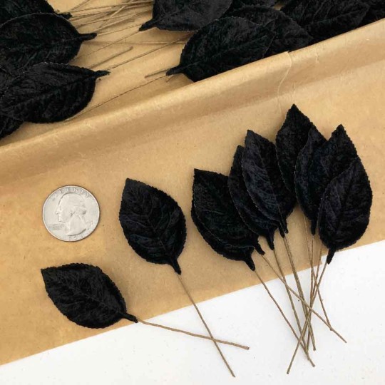 Set of 12 Velvet Rose Leaves ~ BLACK