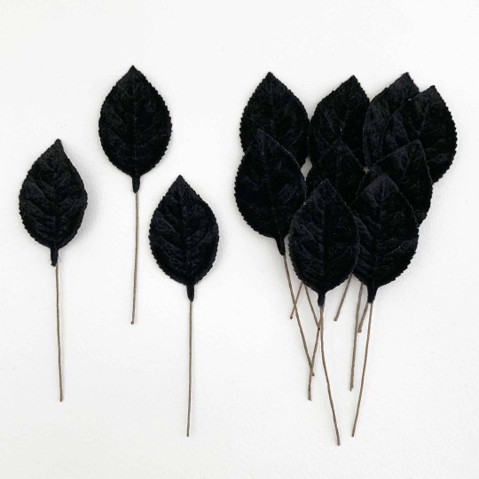 Set of 12 Velvet Rose Leaves ~ BLACK